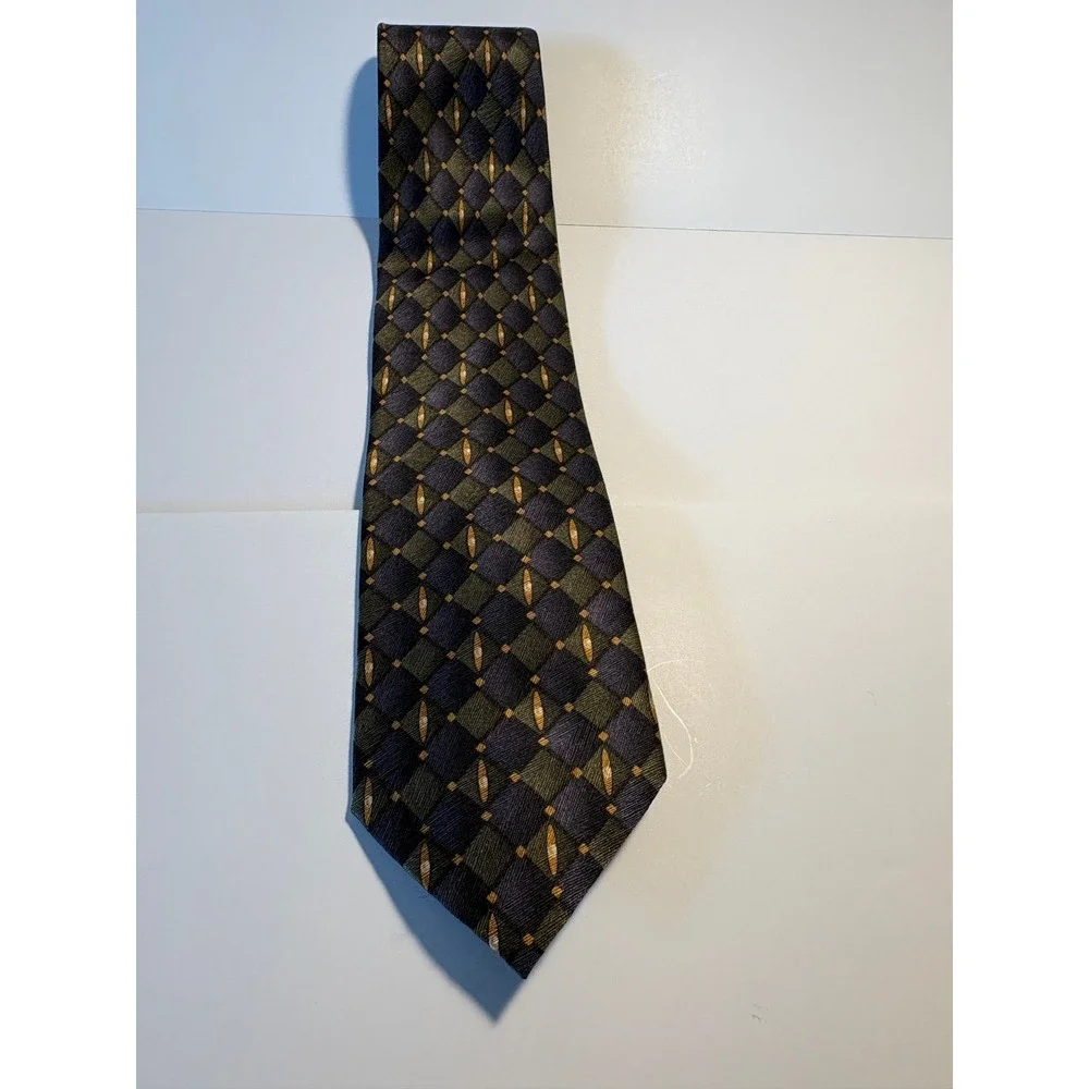 Carlos Devenezia Barcelona Silk Tie Navy Blue Olive Green Geometric Diamond Mens